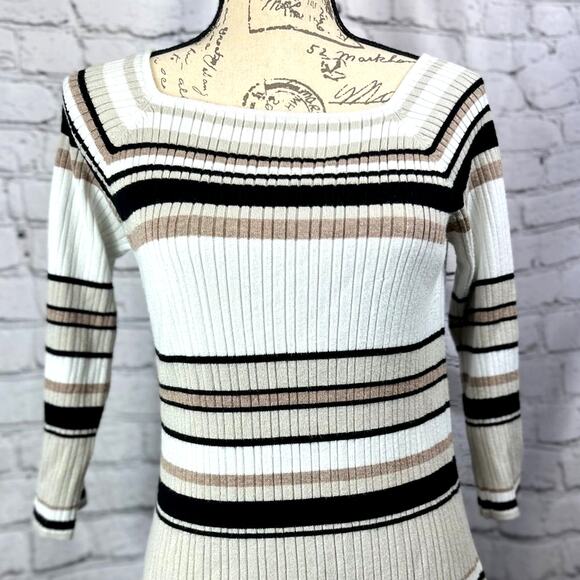 Linda Matthews Pullover Striped Sweater Black Taupe White Square Neck L - Picture 4 of 10